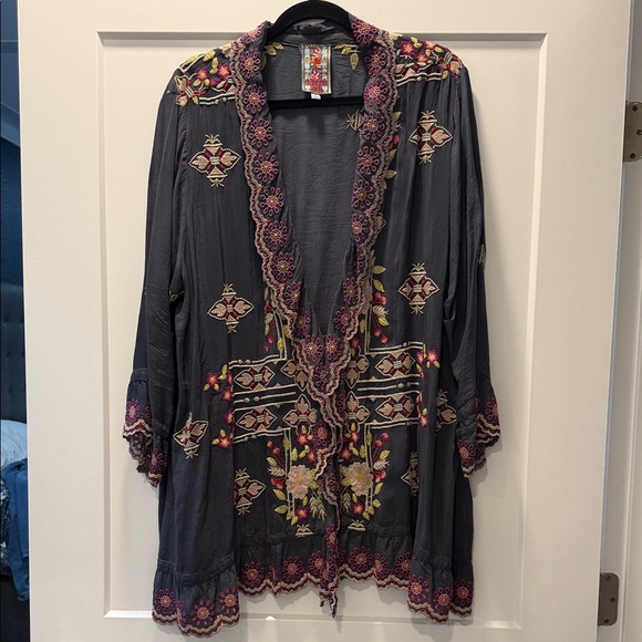 Johnny Was Other - Embroidered Open Front Boho Cardigan in Charcoal with Floral Accents